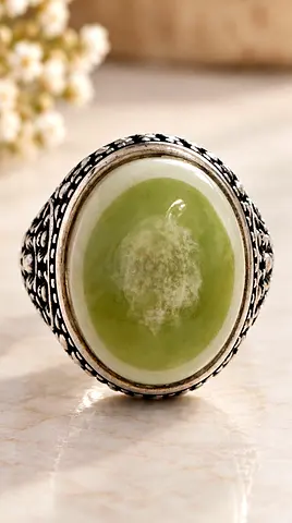 Green Eye Aqeeq (Musawwar) Silver Ring
