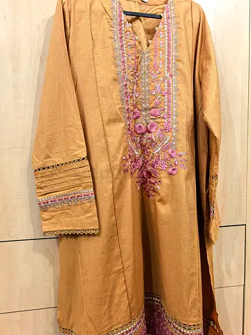 Khaadi embroidered 3 piece Light brown embroidered long kurta with pink floral threadwork - Size L