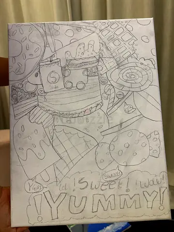 Hand-drawn Candy-Themed Sketch on Canvas — Signed YUMMY Artwork
