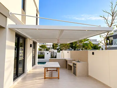 Modern Outdoor Pergola / Retractable Louvered Roof - White, Good Condition