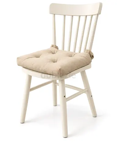 White Wooden Dining Chair with Beige Cushioned Seat