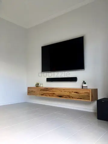 Custom Made Solid Wood Floating TV Console with Natural Live Edge Finish, Wall Mounted Media Cabinet