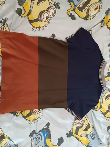 Striped short-sleeve casual t-shirt — navy, brown, rust — good used condition