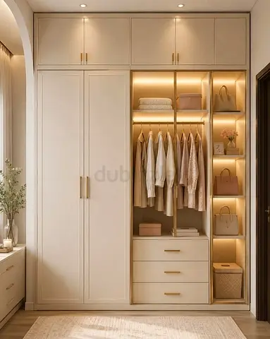 Built-in Beige Wardrobe with LED Shelves and Drawers