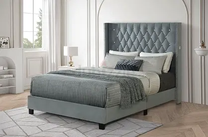 Diamond button tufted talk headboard queen bed frame