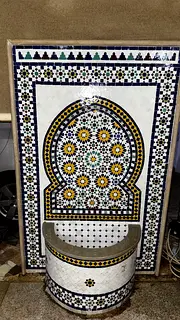 Moroccan Mosaic Wall Fountain - Decorative Ceramic Fountain Panel with Basin