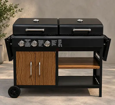 Double-hood Gas BBQ Grill with Storage Cabinet and Wheels