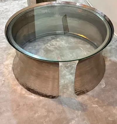 Round Glass Top Coffee Table with Brushed Metal Base