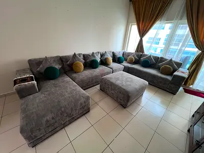 Large L-shaped Grey Fabric Sectional Sofa with Ottoman