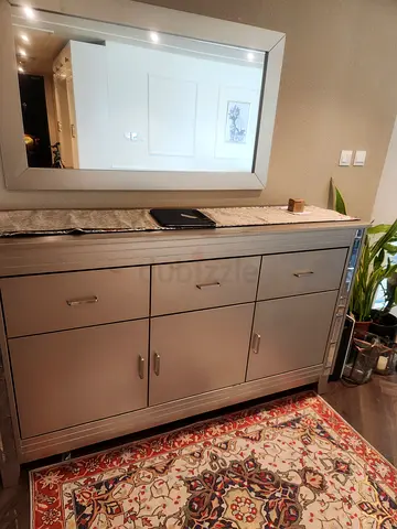 Light gold wooden sideboard cabinet with mirror — good condition