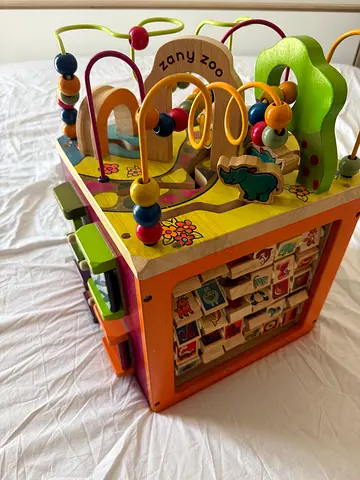 Wooden Activity Cube with Bead Maze and Shape Sorter - Good Condition
