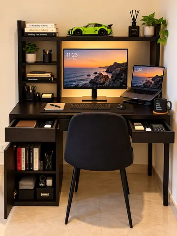 Black Wooden Study Desk with Hutch and Drawers - Good Condition (Chair and other items not included)