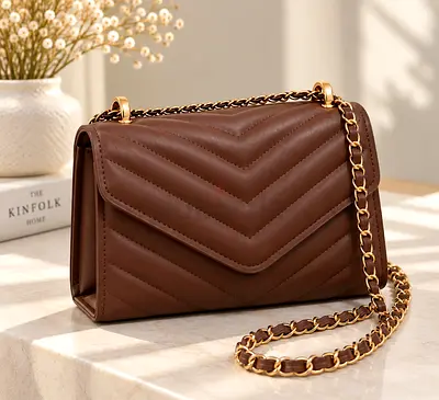 Brown Quilted Chain Shoulder Bag - Medium Size