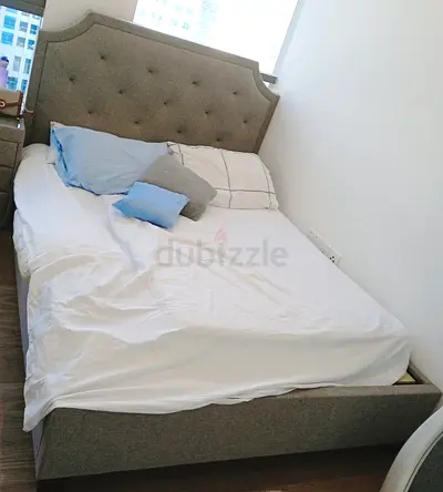 Upholstered Double Bed with Headboard - Grey Fabric