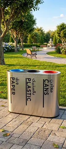 Outdoor Triple Recycling Bin — Metal Cans, Plastic, Paper