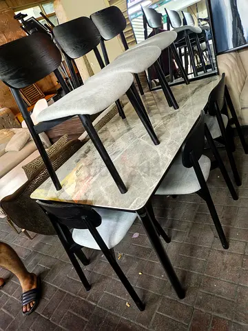 Marble-Top Dining Table with 6 Modern Wooden Chairs - Excellent Condition