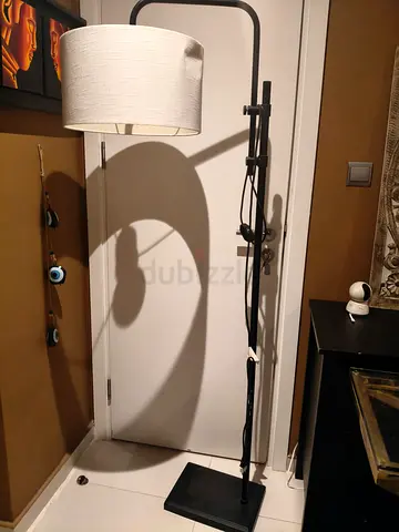 Black Arched Floor Lamp with Fabric Shade - Good Condition