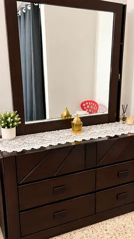 Dark Wood Dresser with Large Mirror - 6 Drawers, Good Condition