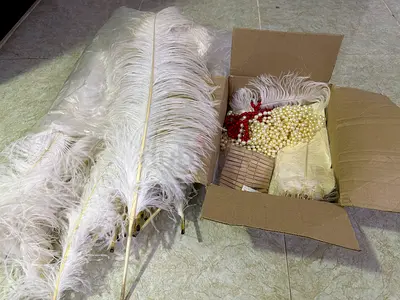 Box of white ostrich feathers and vintage costume pearls