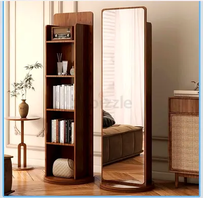 2-in-1 Full-Length Mirror with 5-Tier Storage Shelf 360° Rotating Floor Mirror and Wooden Bookshelf