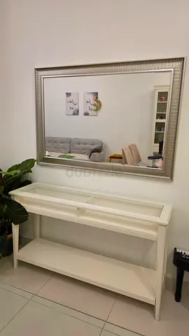 White Console Table with Glass Top and Display Shelf