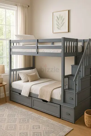 Wood Bunk Bed with Storage Staircase and Drawers - Grey
