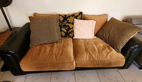 2-seater leather & fabric sofa with cushions - good condition