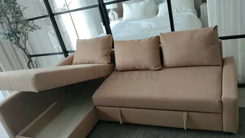Beige L-shaped Storage Sofa with Chaise - Good Condition