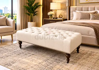 Tufted Upholstered Bench/Ottoman in Cream — Used, Good Condition