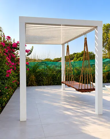 White Outdoor Pergola with Hanging Wooden Swing - Modern Patio Structure