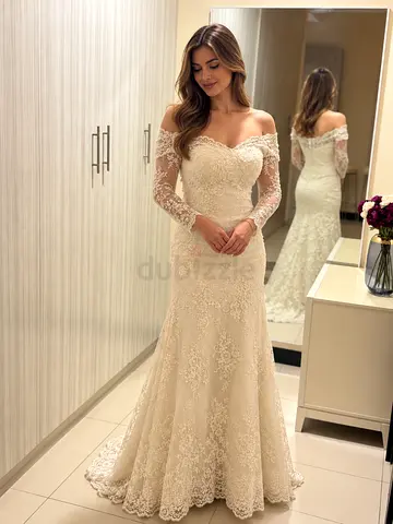 Ivory Lace Wedding Dress with Train – Excellent Condition