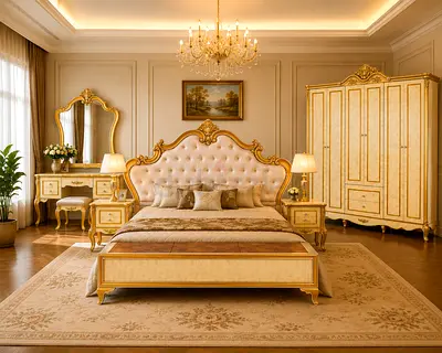 Luxury Off White Bedroom Set – King Size Bed with Wardrobe & Dressing Table