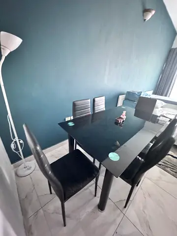 Glass Dining Table with 6 Black Chairs - Modern Set