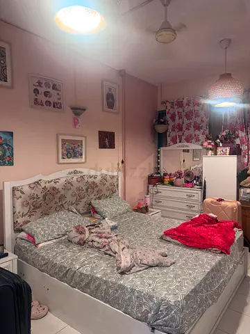 King size bed frame with floral headboard and mattress - good condition with hydraulic storage