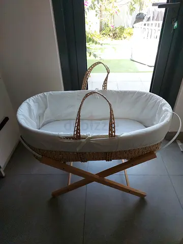 Wicker Moses Basket with Wooden Stand and Mattress - great condition