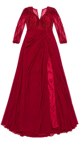 Burgundy Long Evening Gown with Beaded Lace Top and Sheer Sleeves