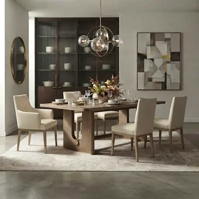 Andrew Martin Solid Wood Dining Table with 6 Beige Leather Chairs from Italian Malerba brand