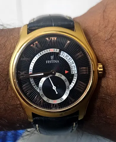 Festina men's gold-tone analog watch with black leather strap