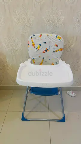 Blue and White Baby High Chair with Space Rocket Design