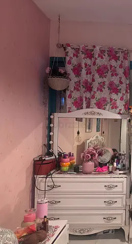 White Vintage Dresser with Mirror and Vanity Setup
