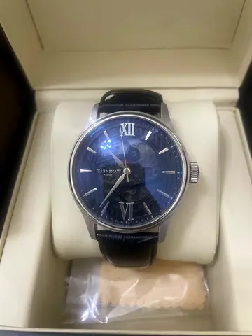 Earnshaw Automatic men's wristwatch with blue skeleton dial and leather strap