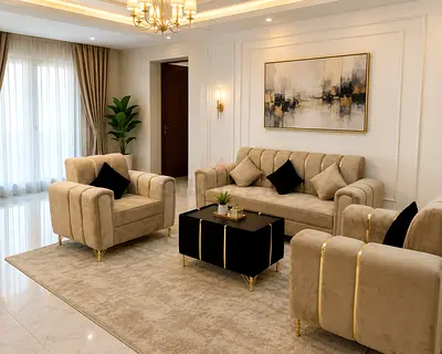 Brand New Beige Velvet 3-Seater Sofa Set with Armchairs and Rug - Excellent Condition
