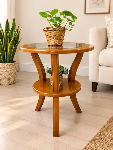 Solid Wood Round Side Table with Glass Top - Light Oak