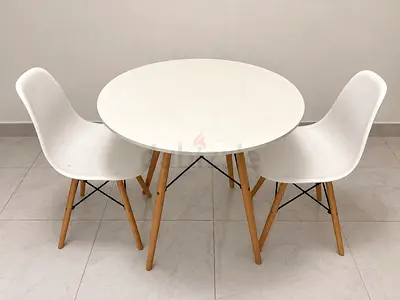 Minimalist Round Dining Table with 2 Modern Chairs - White