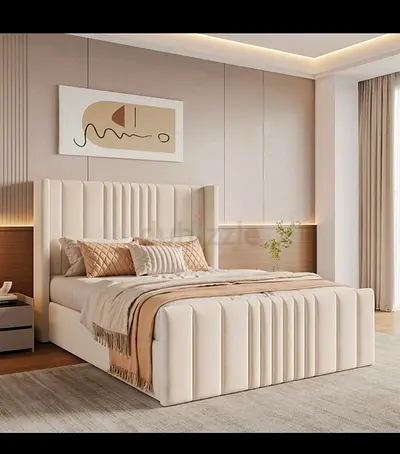 Modern upholstered queen bed with vertical channel headboard - cream and storage place