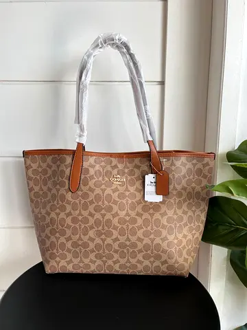 Coach Signature Brown Canvas Tote Bag with Leather Trim - New With Tags