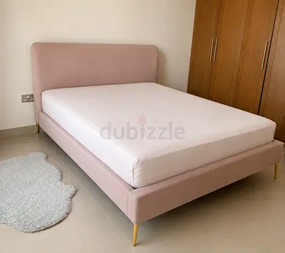 Pink Upholstered Double Bed Frame with Headboard and Gold Legs