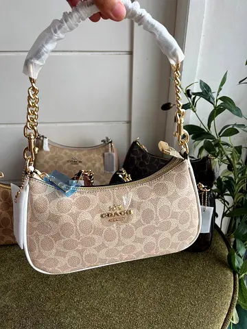 Coach Beige Signature Small Shoulder Bag with Gold Chain