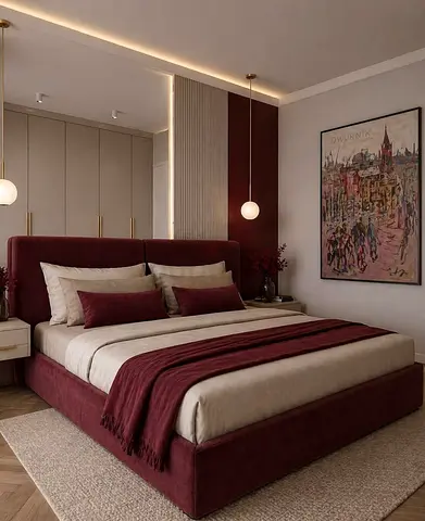 Queen/King upholstered bed frame in burgundy velvet with headboard