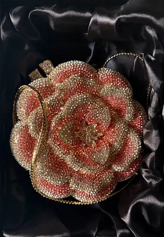 Crystal Rose Evening Clutch Bag — Pink & Gold Sparkle